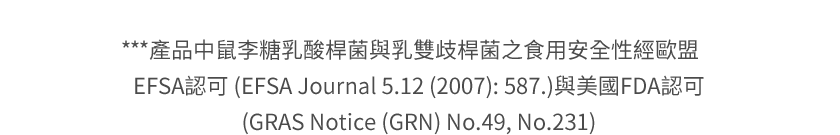 *產品中鼠李糖乳酸桿菌與乳雙歧桿菌之食用安全性經歐盟EFSA認可 (EFSA Journal 5.12 (2007): 587.)與美國FDA認可 (GRAS Notice (GRN) No.49, No.231)